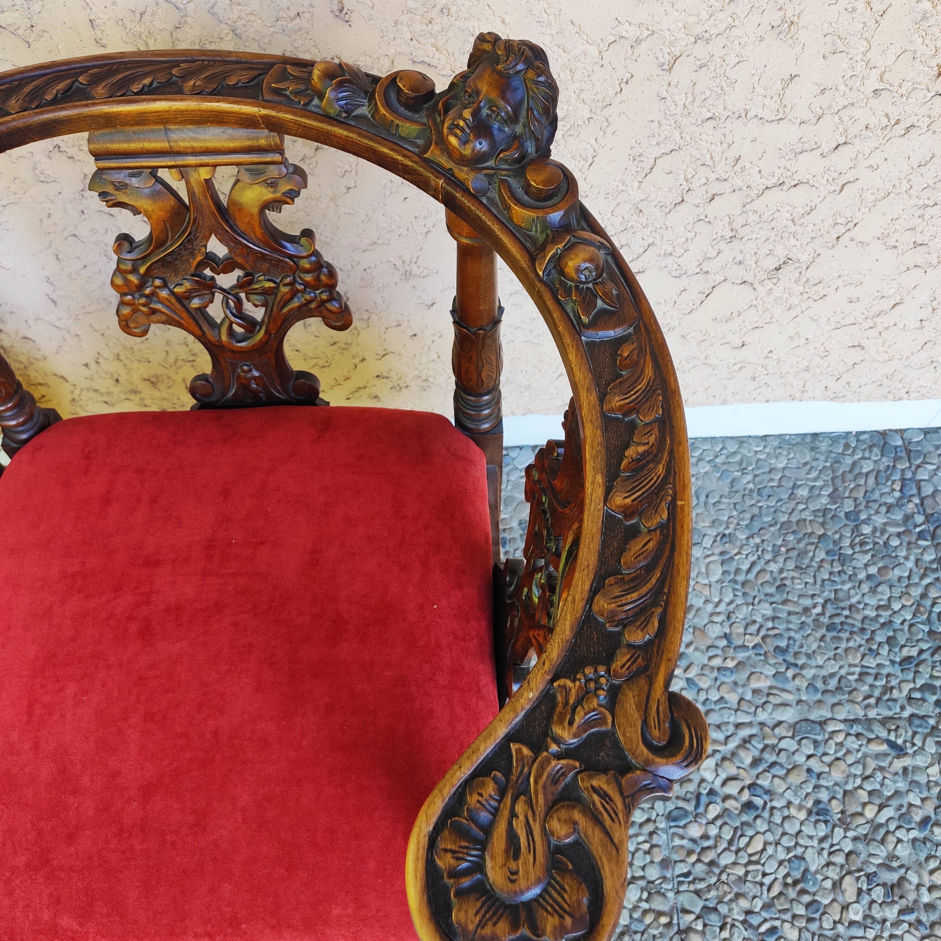 Pair of neo-Renaissance Henri II corner armchairs in carved wood, 19th century.