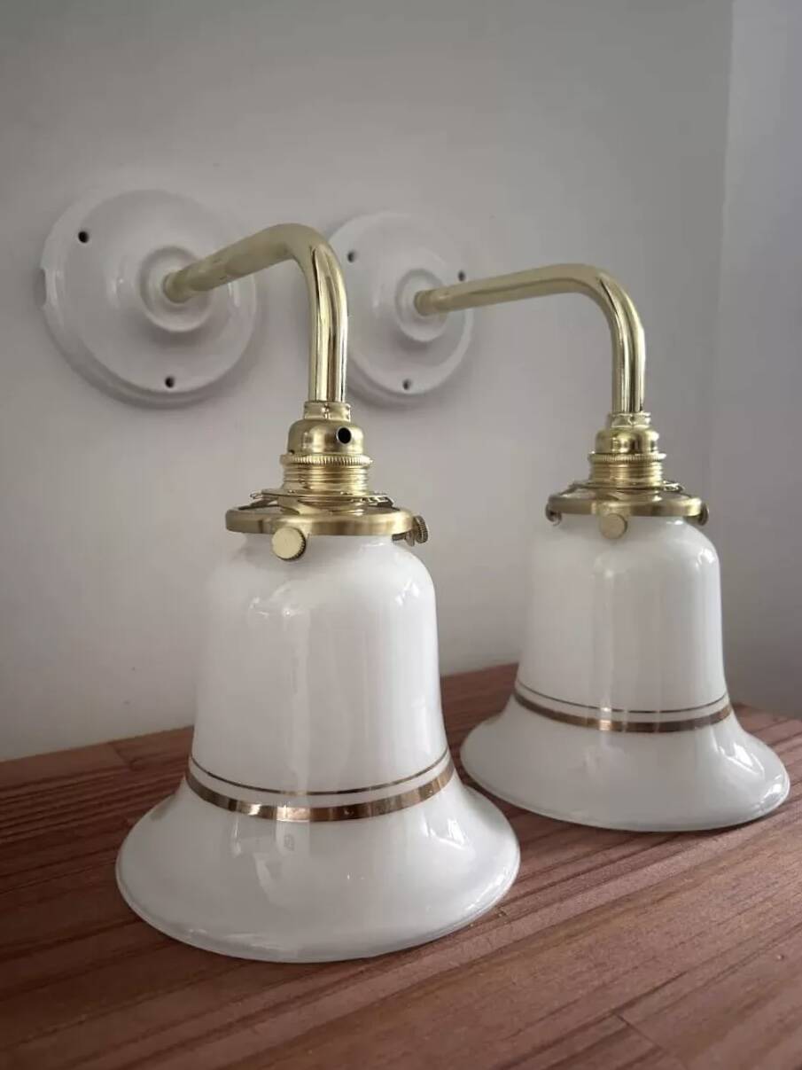 Pair of white opaline and ceramic wall lights