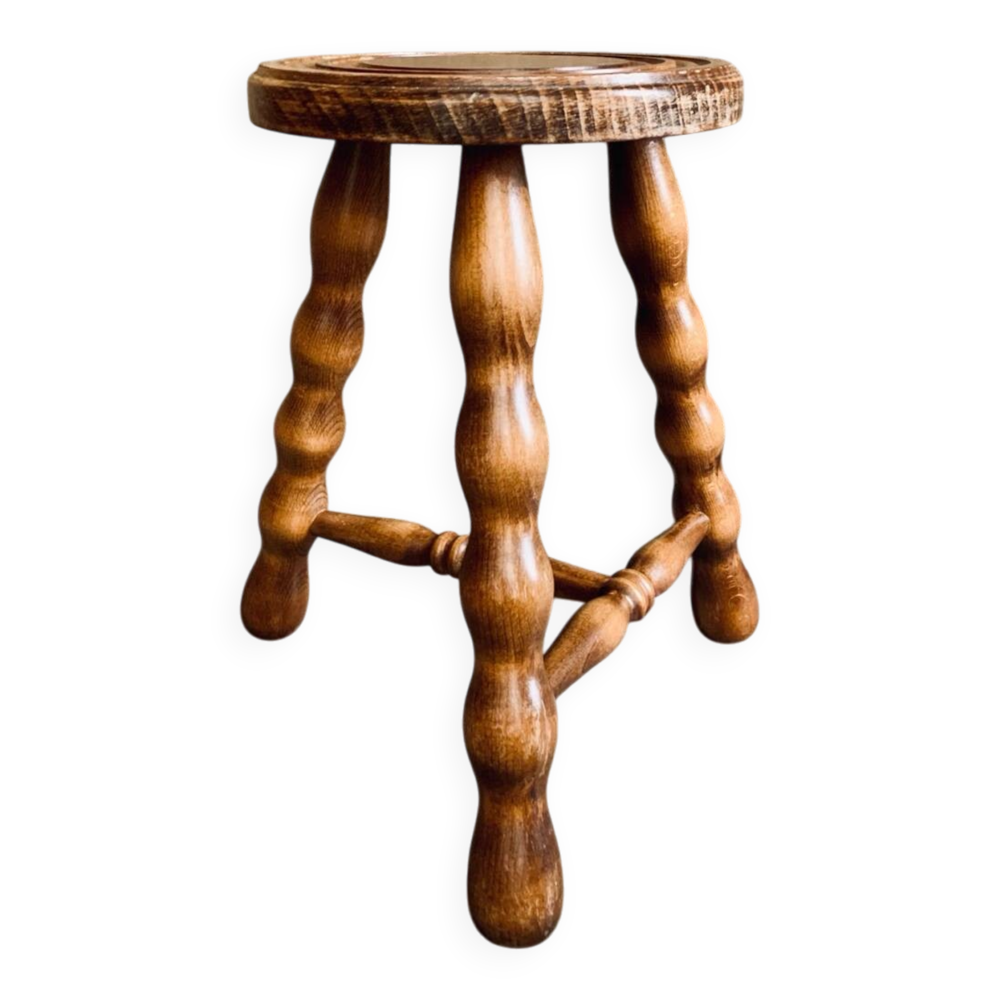 Tabouret tripode bois à entretoise vintage