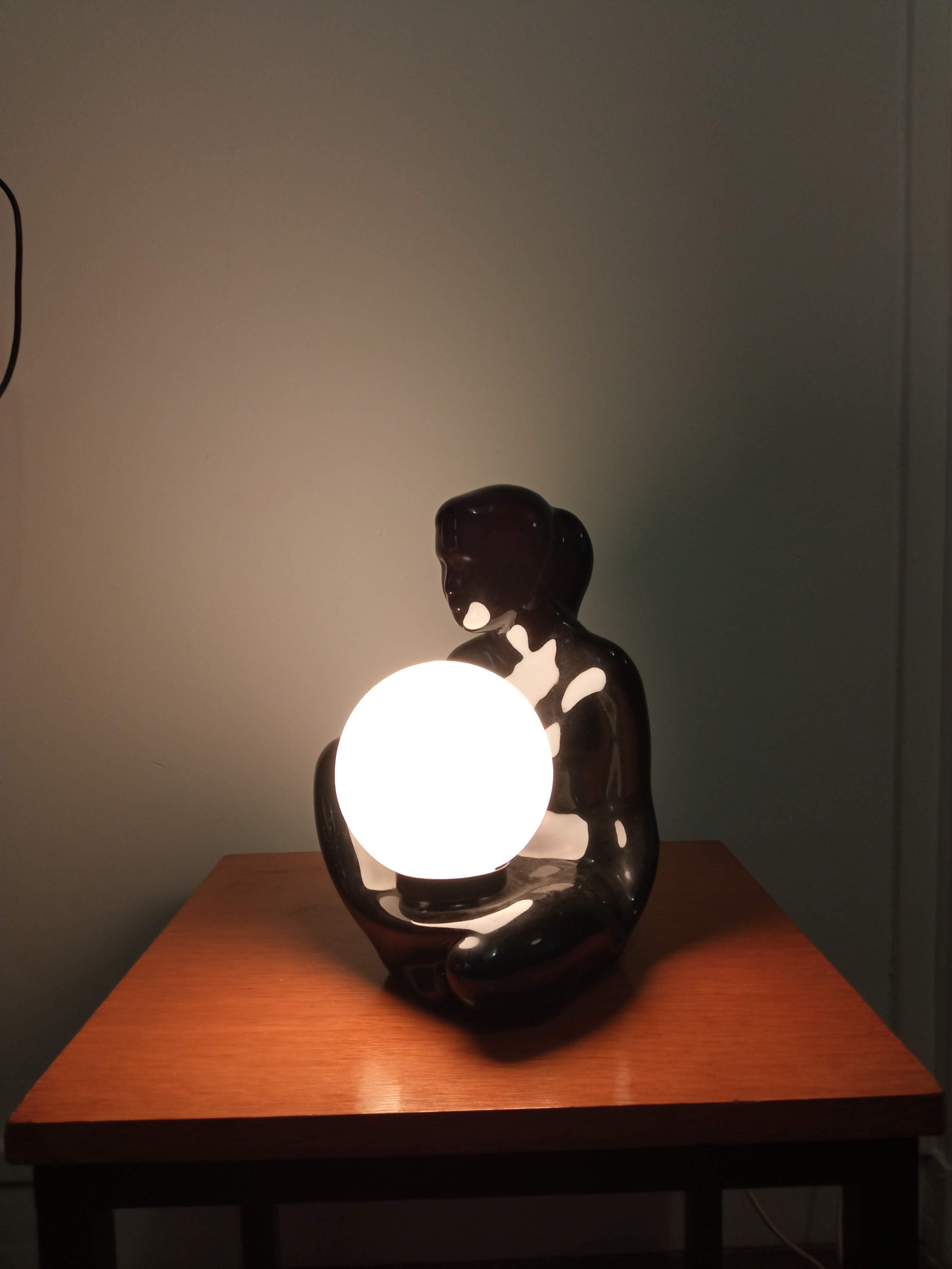 Lamp black ceramic and opaline globe circa 1970
