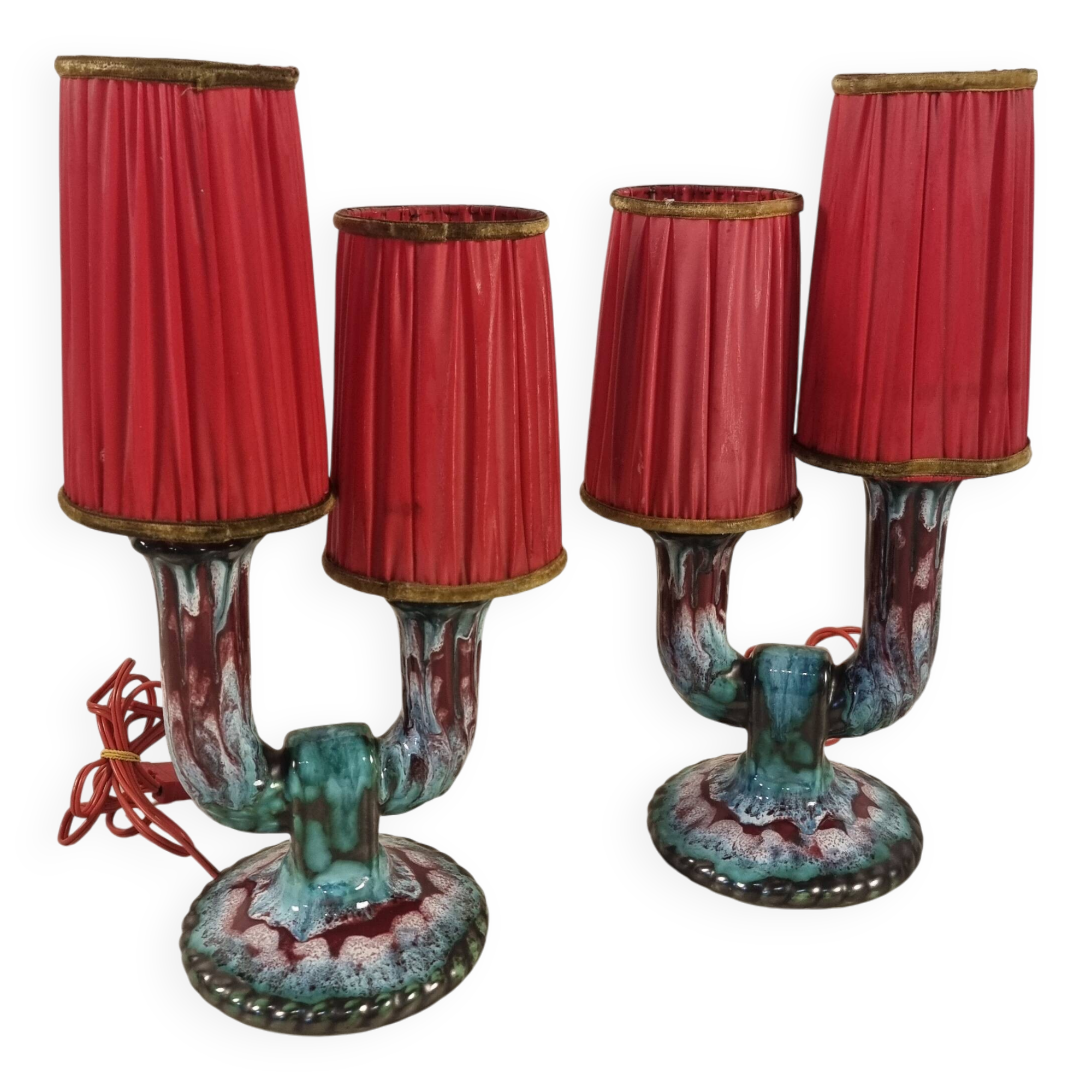 French Double Arm Longwy Pottery Enamel Table Lamps