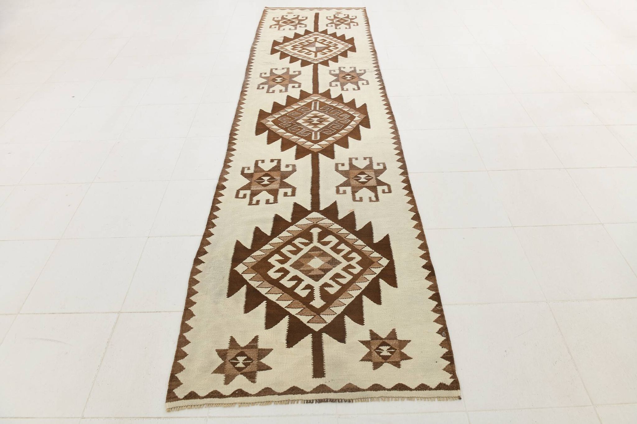 Tapis de couloir Kilim beige et marron 3x12, tapis turc délavé, 95x373 cm