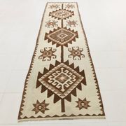 Tapis de couloir Kilim beige et marron 3x12, tapis turc délavé, 95x373 cm