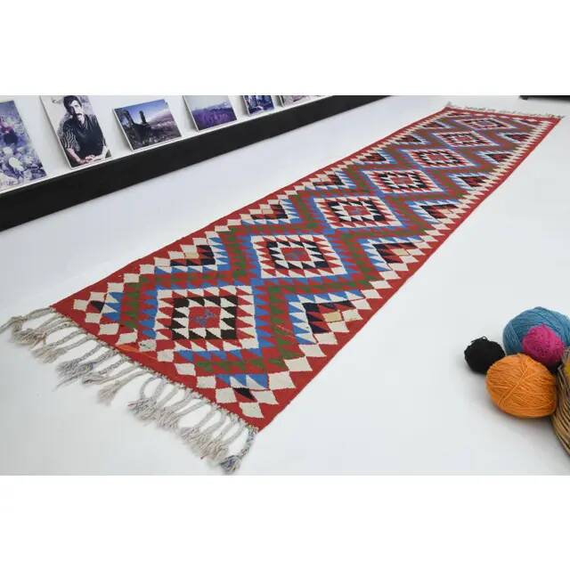 1970s Vintage Turkish Oushak Handmade Wool Cotton Purple Runner Rug 90x364