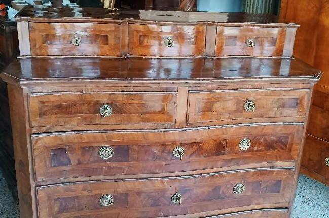 Antique veneered and inlaid commode, 18th century, Northern Italy.