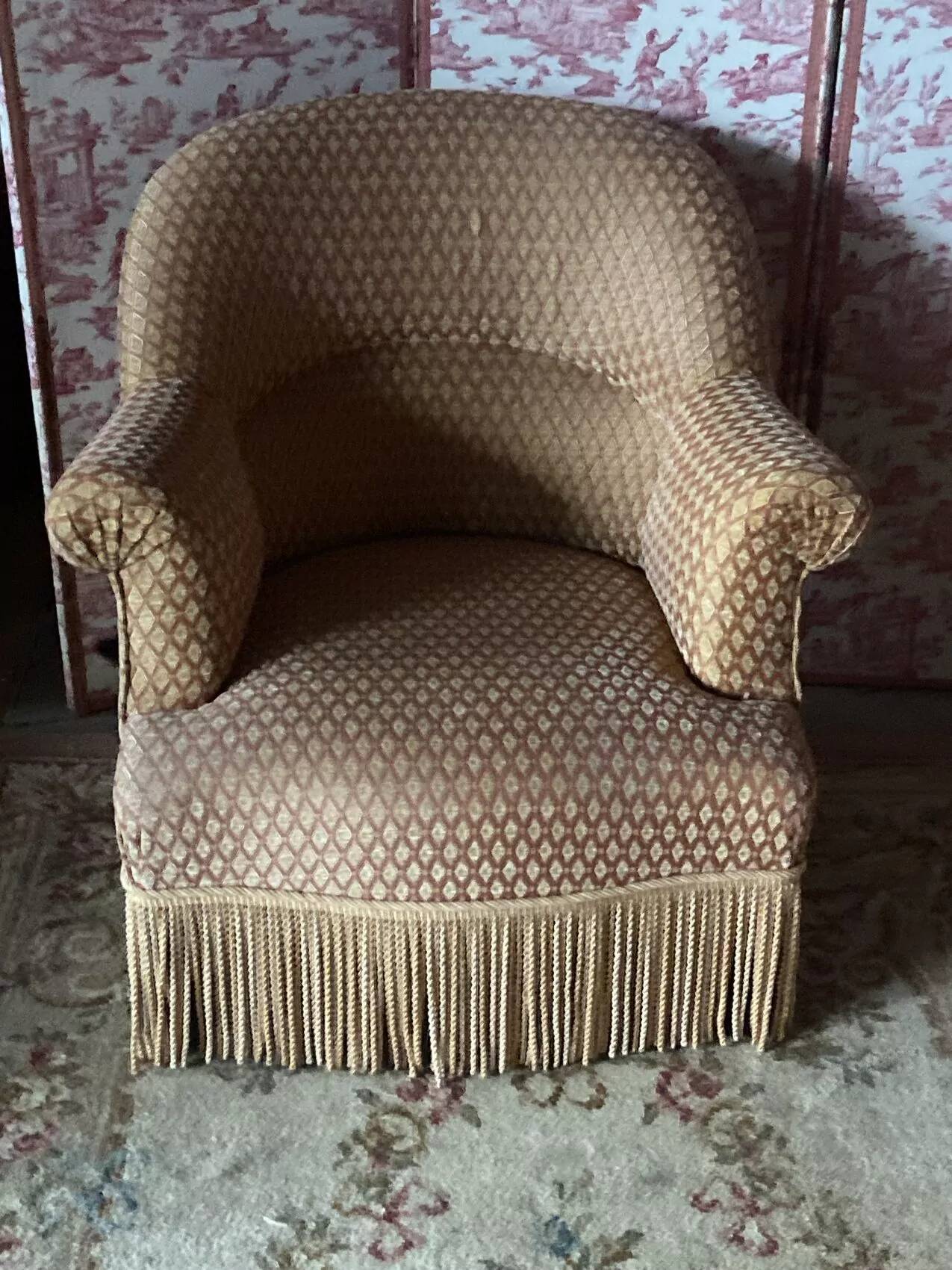 Pair of renovated upholstered frog chairs in beige velvet.