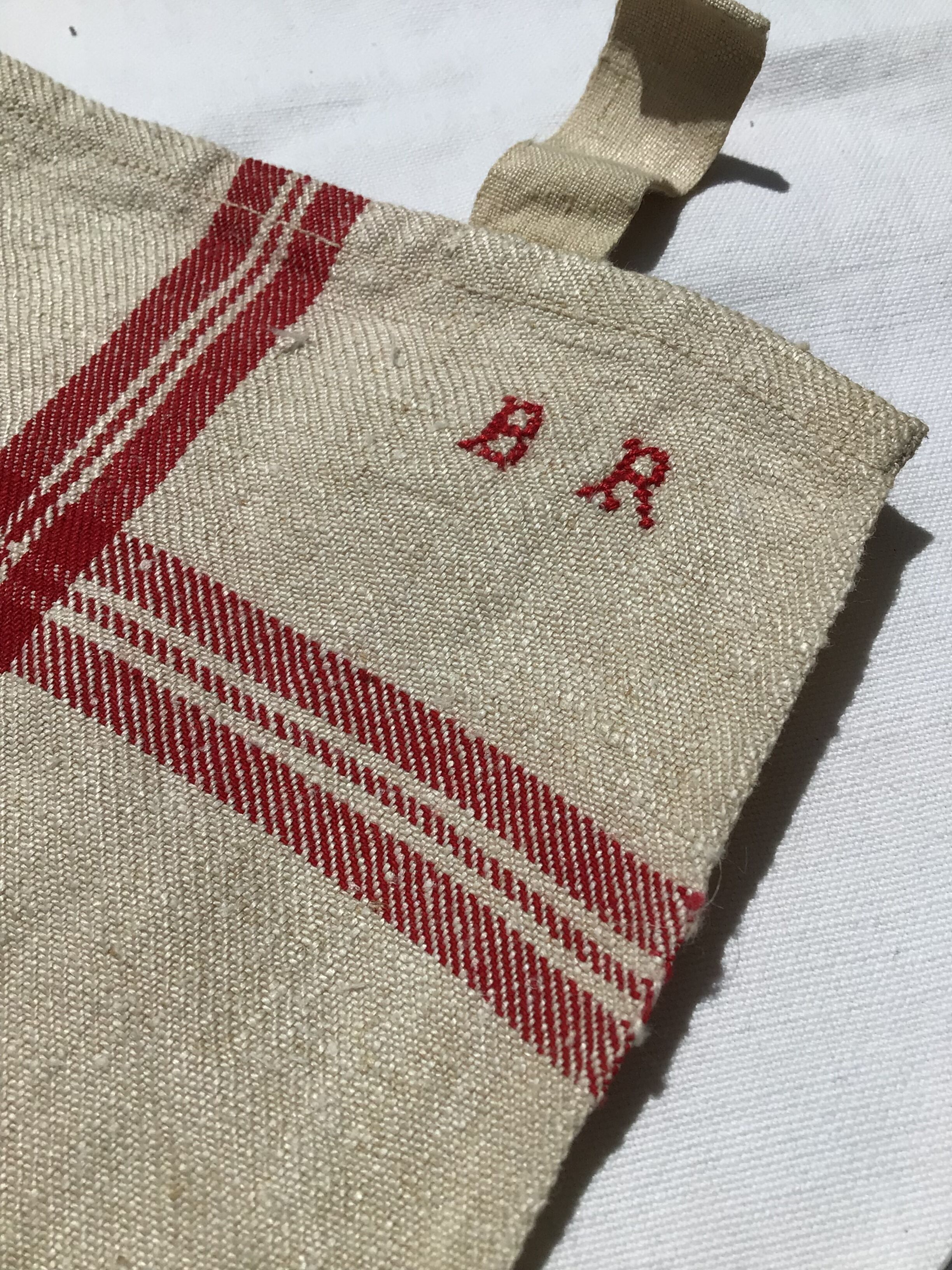 Pair new linen towels embroidered BR triple red stripe