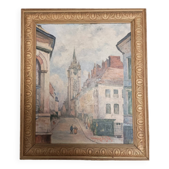 Peinture signée, vue du Beffroi de Douai, 1965