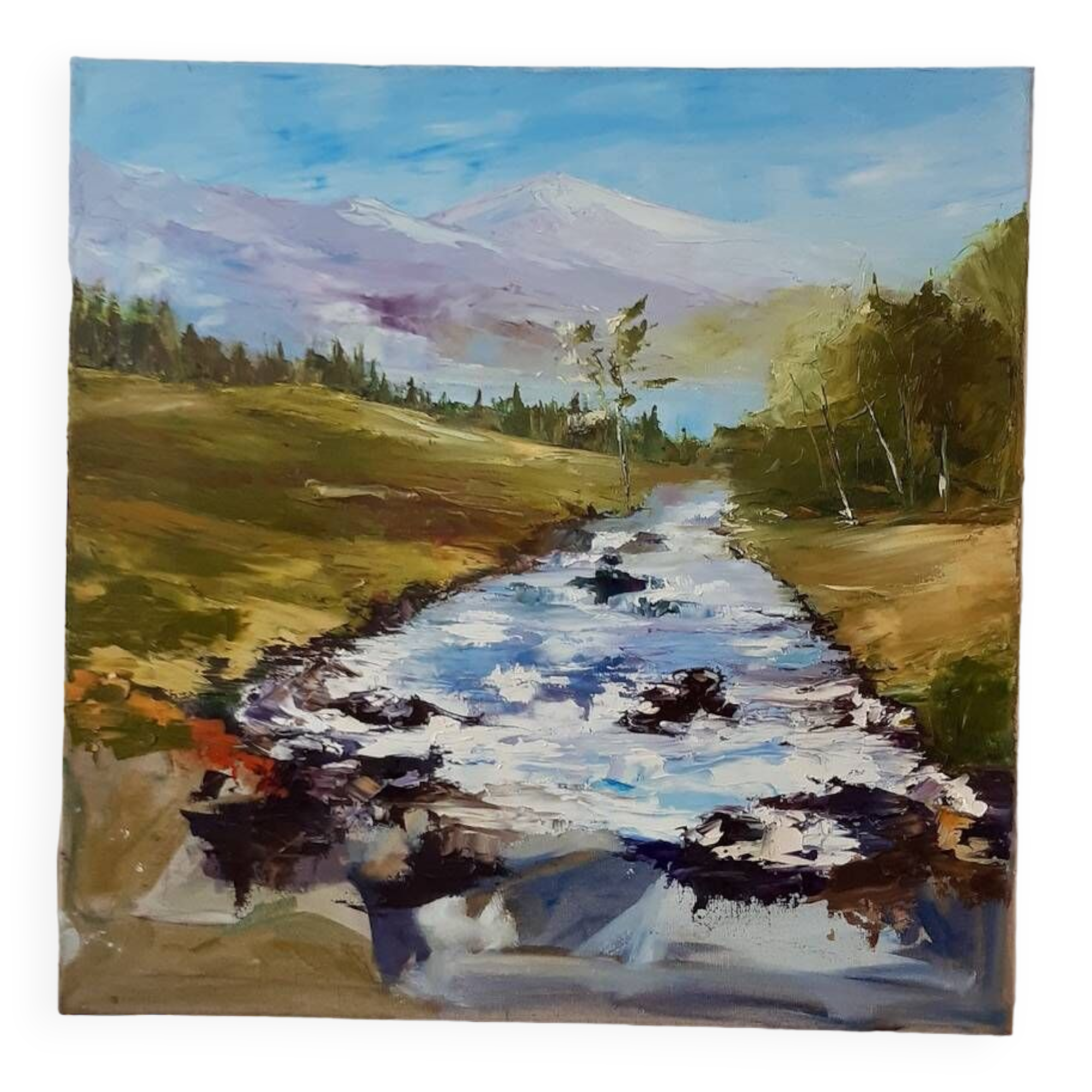 Painting oil on canvas landscape river mountains vintage