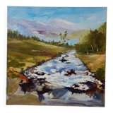 Painting oil on canvas landscape river mountains vintage