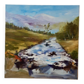 Painting oil on canvas landscape river mountains vintage