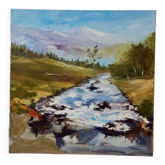 Painting oil on canvas landscape river mountains vintage