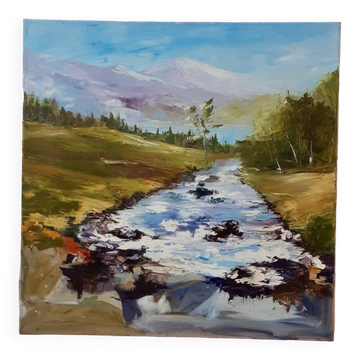 Tableau huile sur toile paysage rivière montagnes vintage