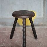 Tabouret vintage, tabouret bois, tabouret tripode pieds perlés, porte-plant