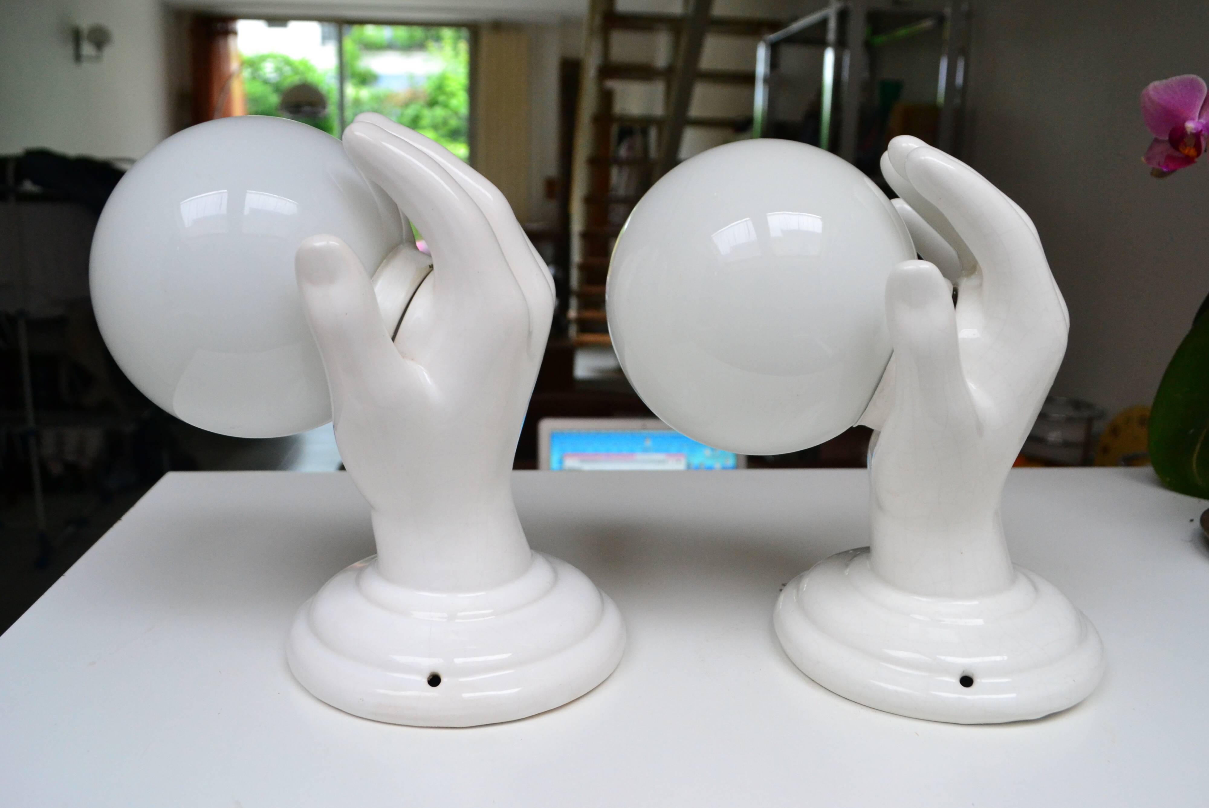Pair of white ceramic wall lights from the 1970s.