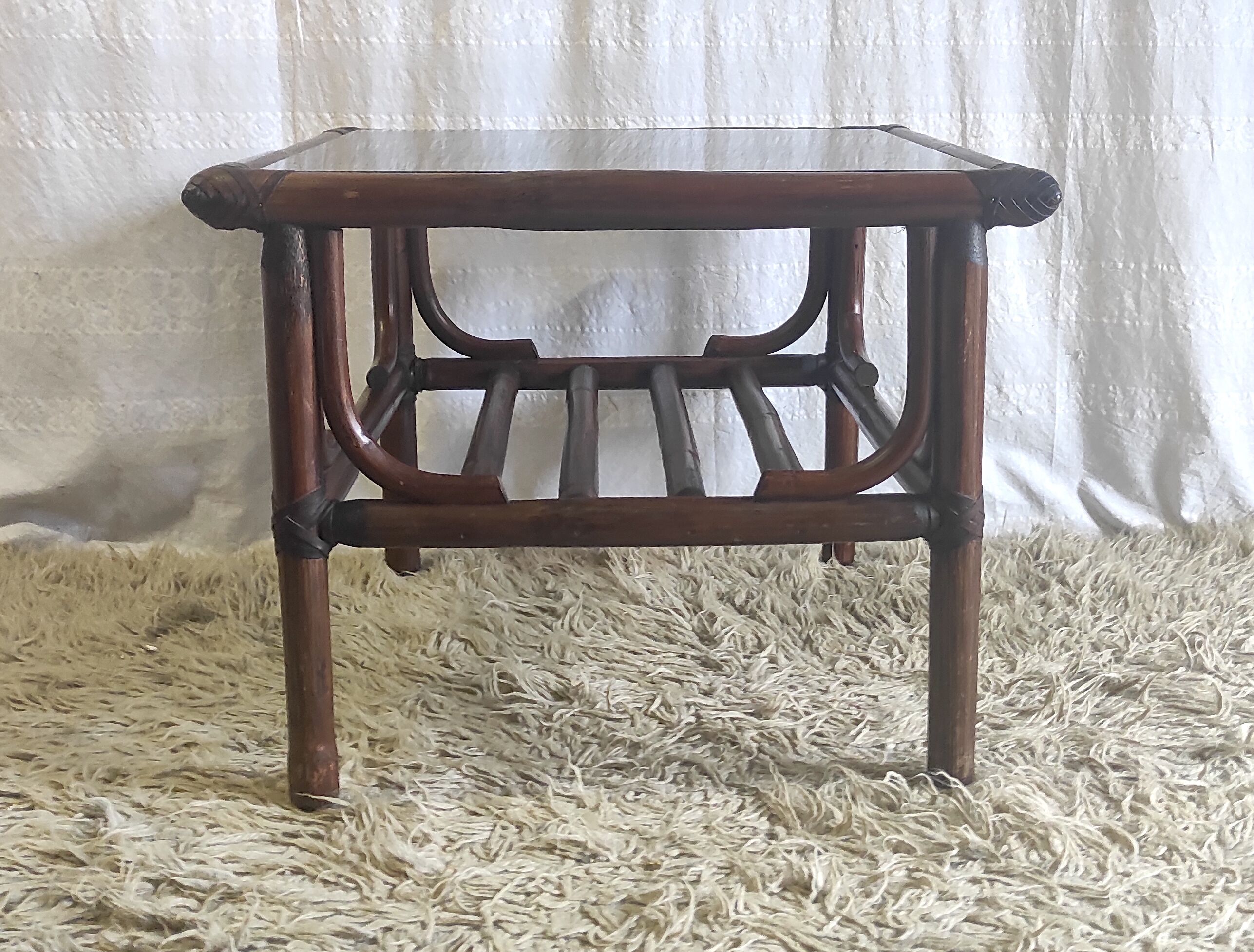 Rattan coffee table and smoked glass 60-70s