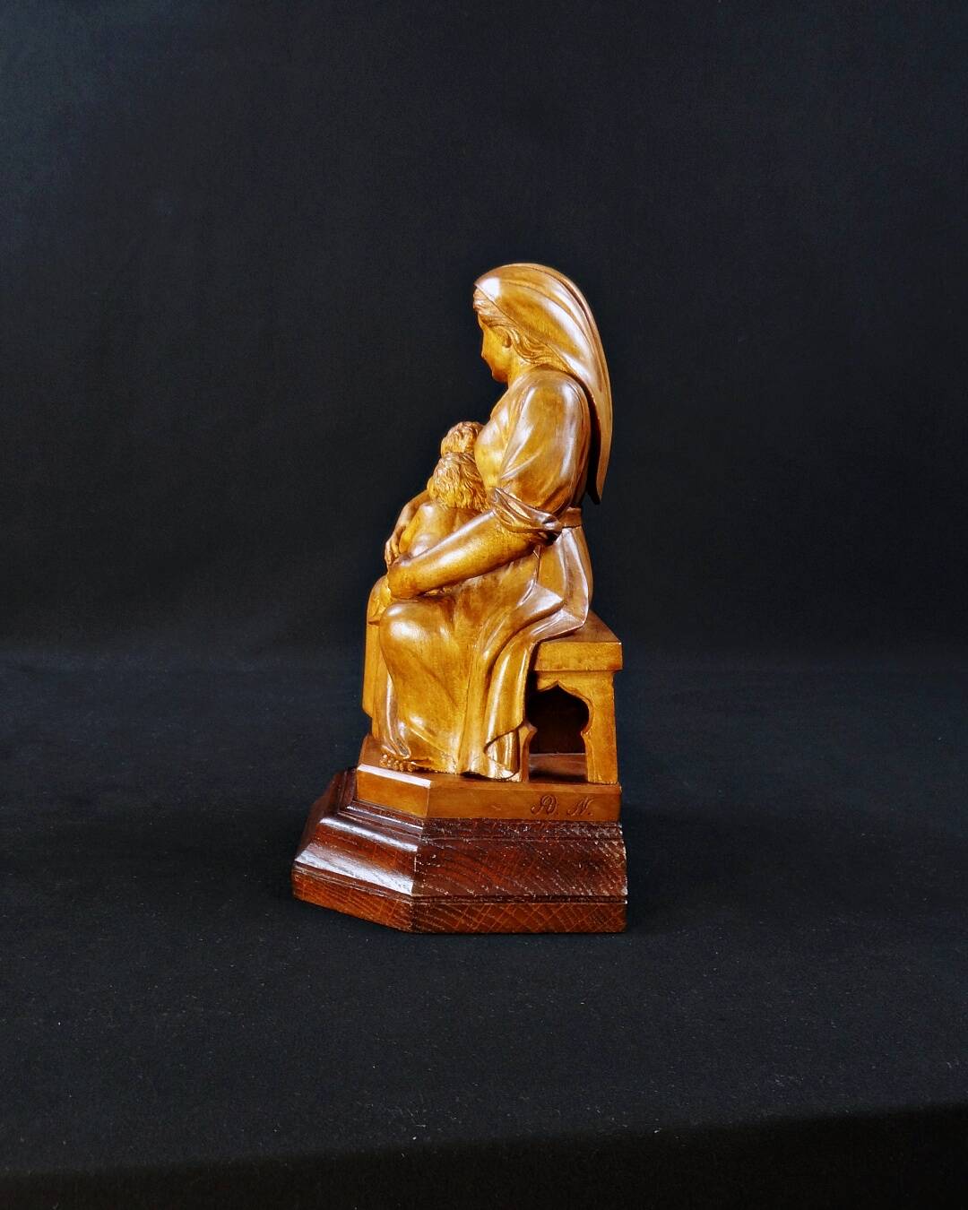 Virgin breastfeeding the Child Jesus and Saint John religious sculpture wood