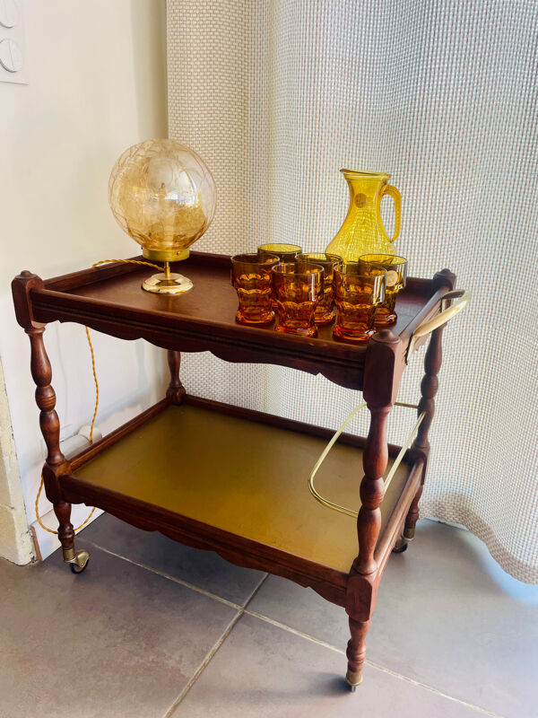 Desserte roulante en bois et laiton doré vintage