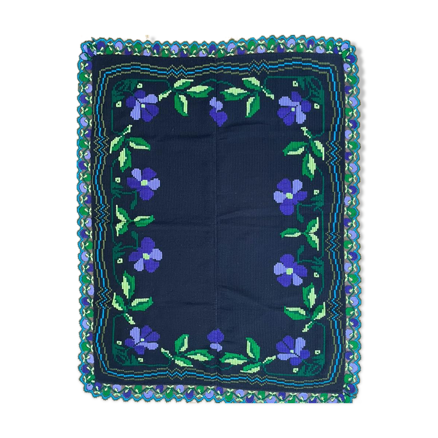 Floral handmade vintage rug, purple floral design with crochet border 145x174cm