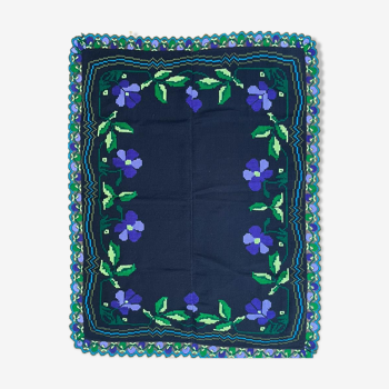 Floral handmade vintage rug, purple floral design with crochet border 145x174cm