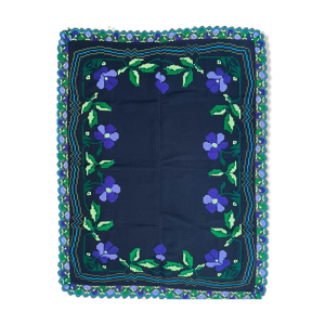 floral handmade vintage rug, purple floral design with crochet border 145x174cm