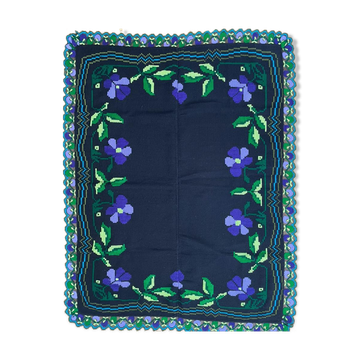 Floral handmade vintage rug, purple floral design with crochet border 145x174cm