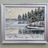Peinture à l’huile de paysage de forêt de neige suédoise « Crisp », encadrée