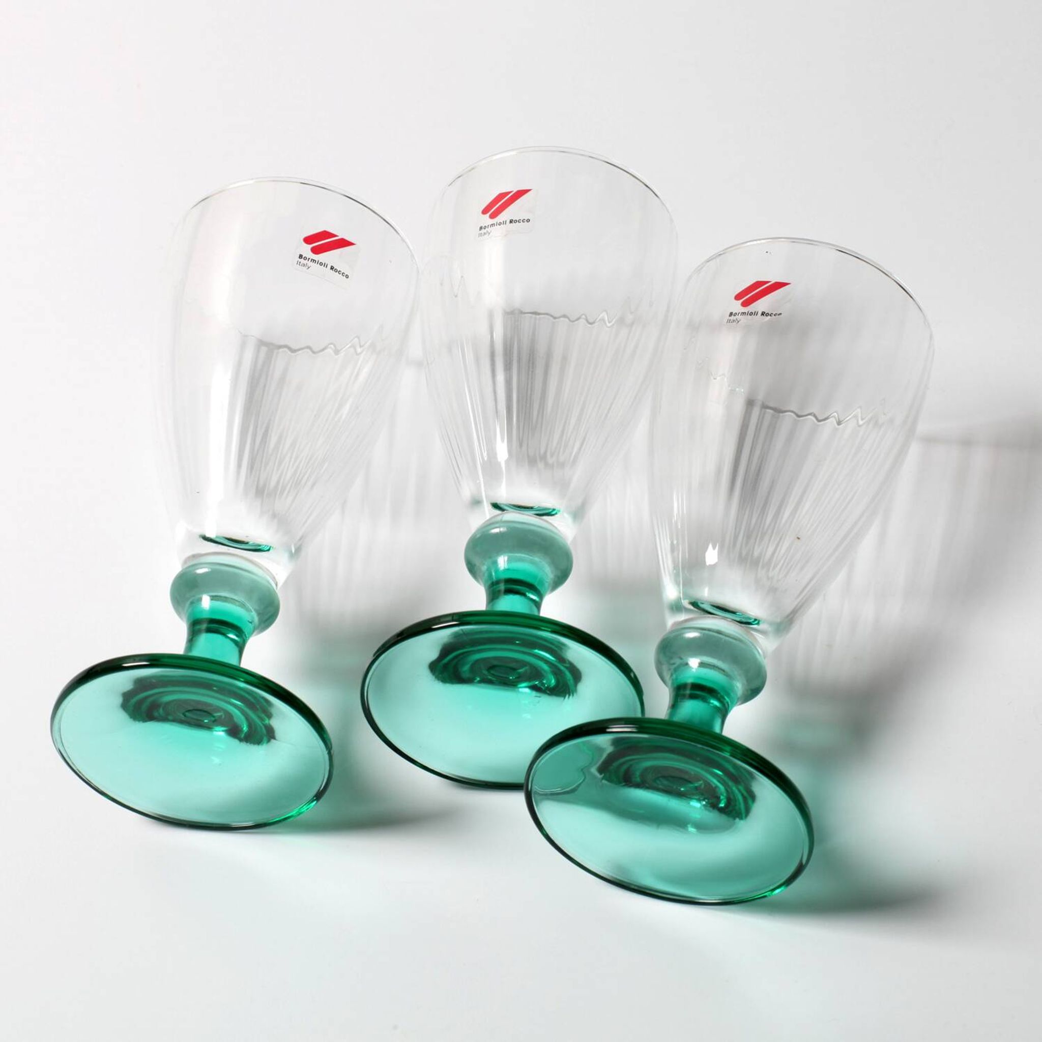 Set of 3 Vintage Bormioli Rocco Wine Glasses: Green Stem Harmonia Flutes