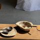 Pair of salad servers or kitchen utensils in blackened teak L30 D9
