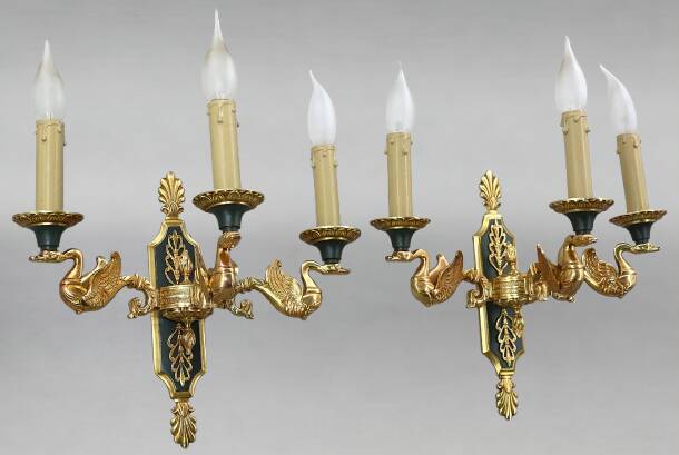 Pair of gold bronze wall lights in Empire style with three lights "Lucien Gau"
