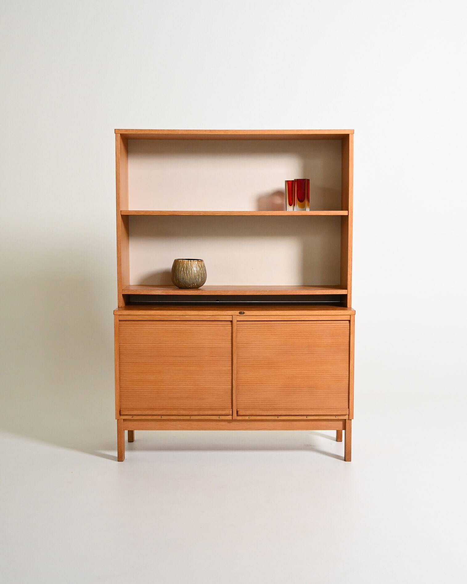 Oak cabinet with tambour doors with upper shelves, 1960s