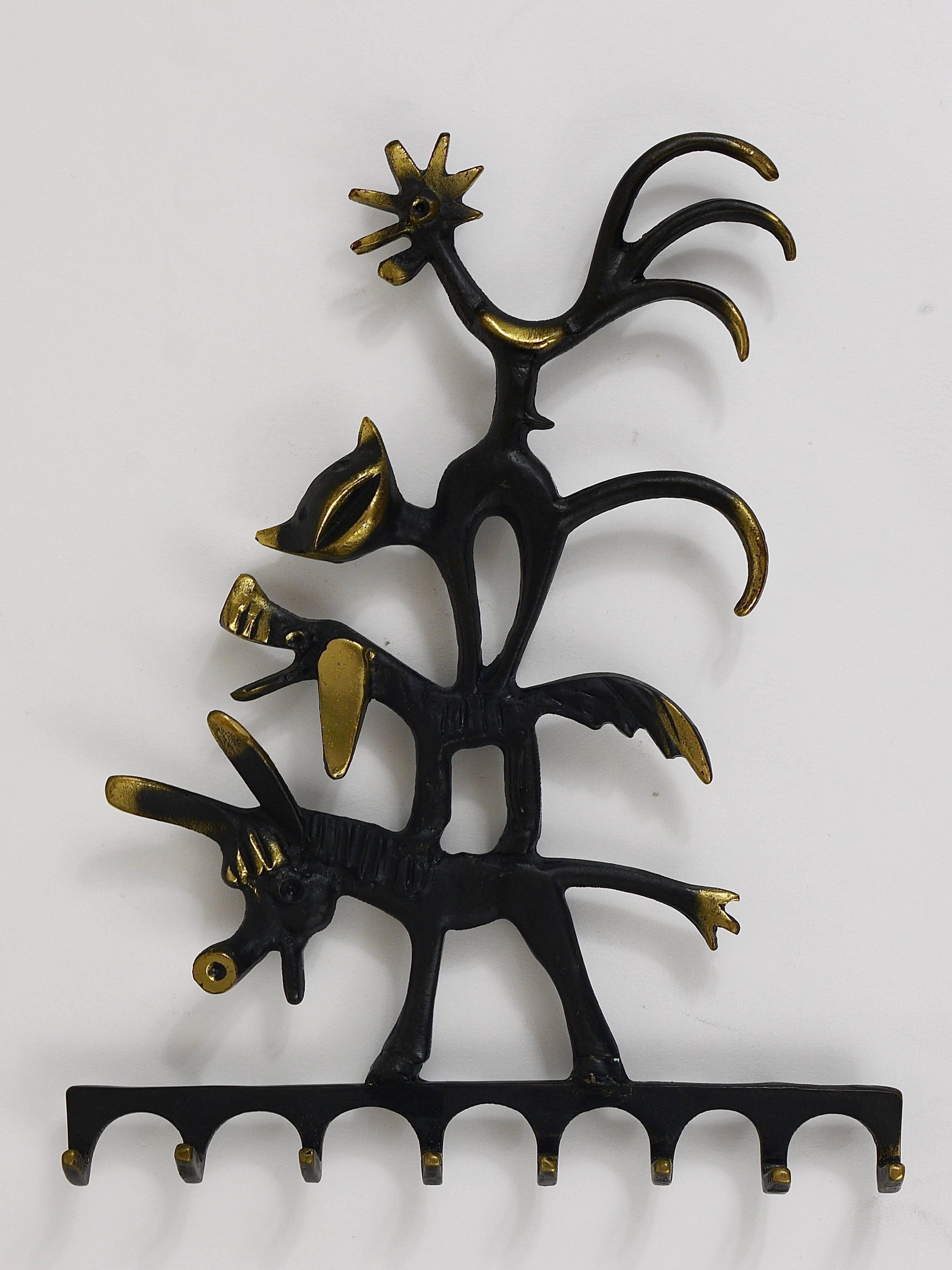 Walter Bosse brass keychains of a donkey, dog, cat, and rooster, Herta Baller, Austria