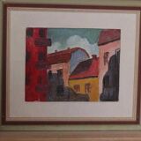 Original mid-century Swedish oil on panel – “House Facades” by A. Wistrand – dated 1946 – vintage & framed – 42 × 39 cm
