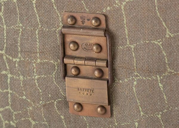 Anc Grande malle cabine toile kaki façon peau de serpent avec bois & laiton