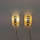 Set of wall lamps in brass colored suspension with thick pressed glass, from Danish Vitrika 1970s.