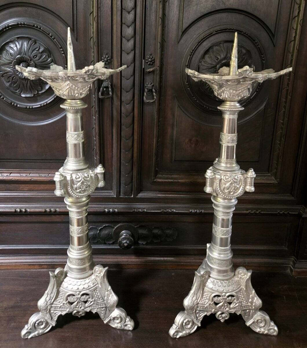 large pair of silvered bronze candlesticks from the 19th century