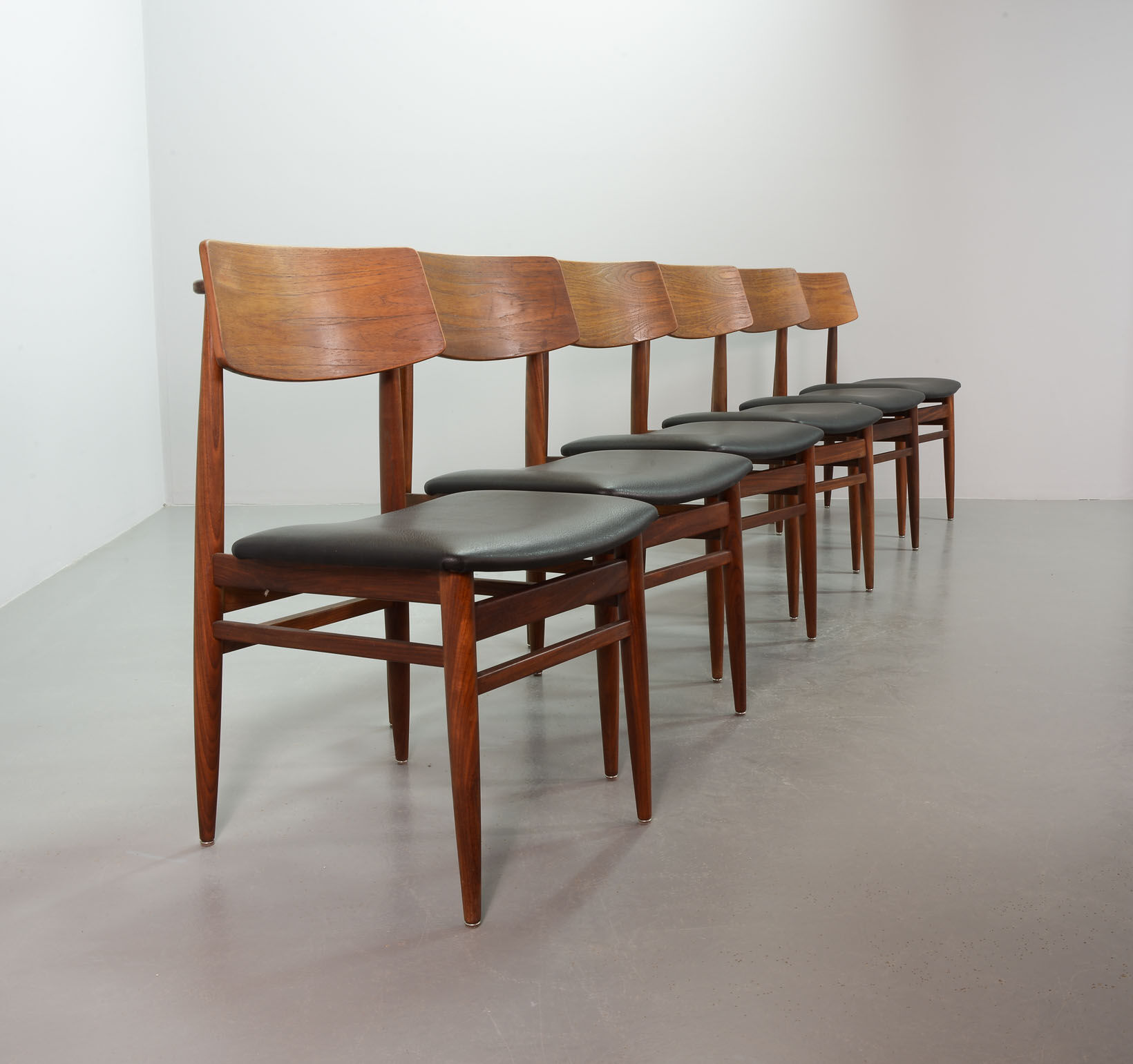 Danish Solid Teak Wooden Dining Chairs with Black Leatherette Seating 1960s