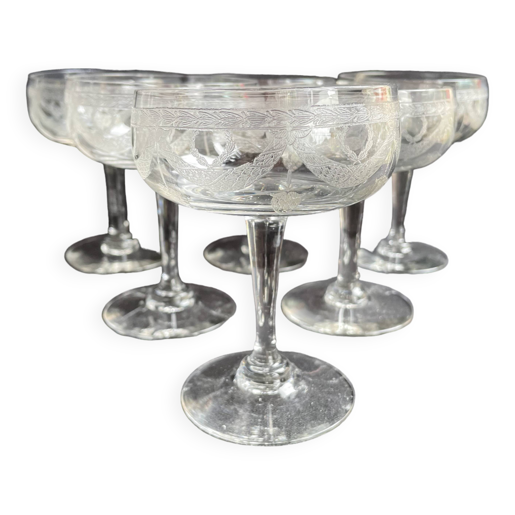 6 ½ crystal guilloché champagne glasses – Art nouveau