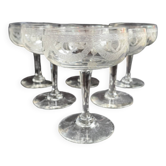 6 ½ crystal guilloché champagne glasses – Art nouveau