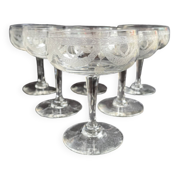 6 Coupes à champagne ½ cristal guilloché – Art nouveau