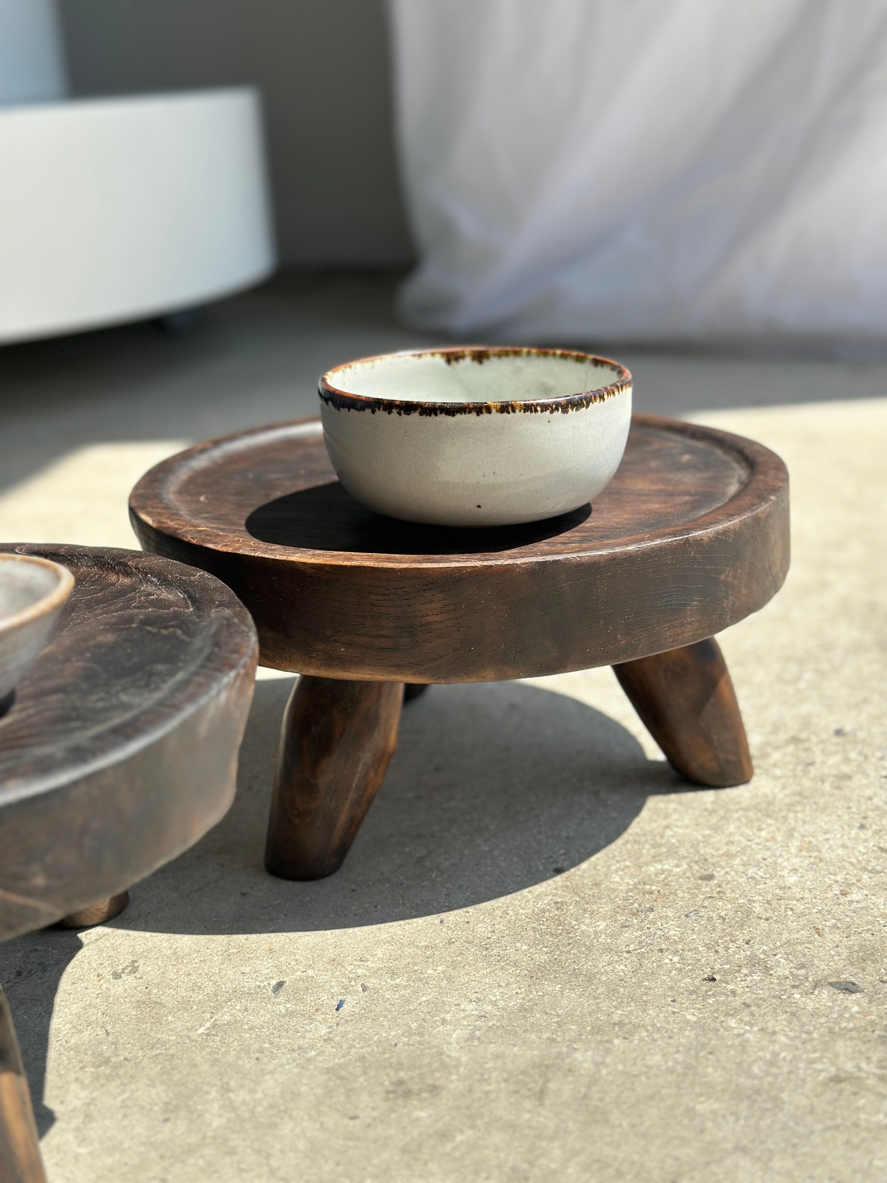 Small tripod stool low in dark brown upcycled teak