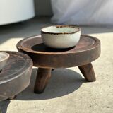 Small tripod stool low in dark brown upcycled teak