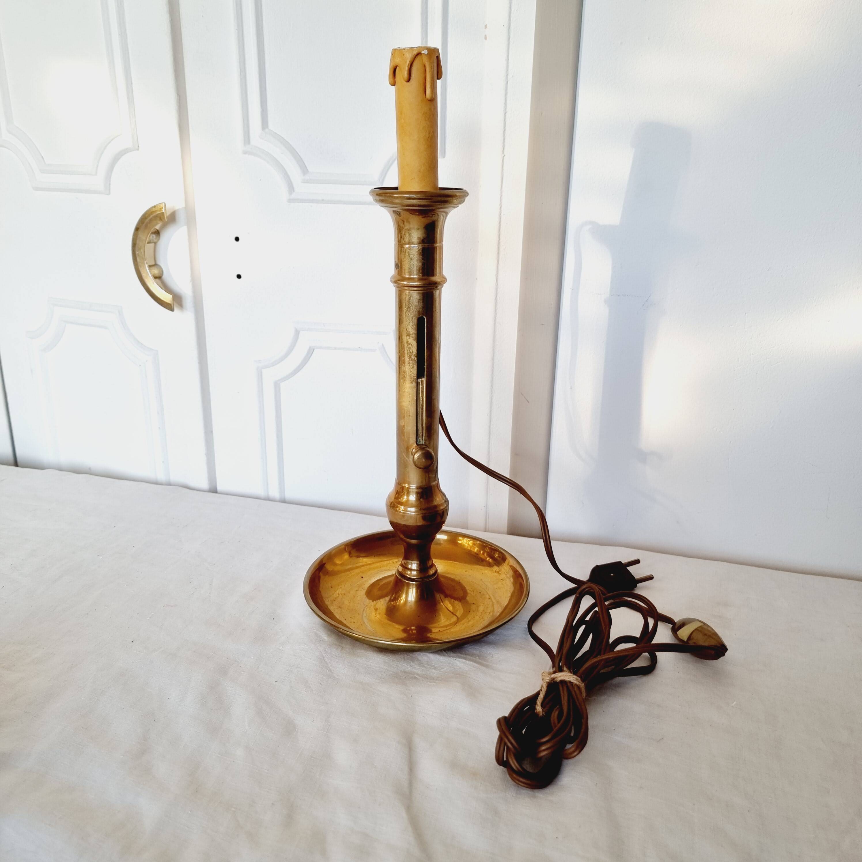 Brass table lamp made from an antique 19th century candlestick or candle holder.