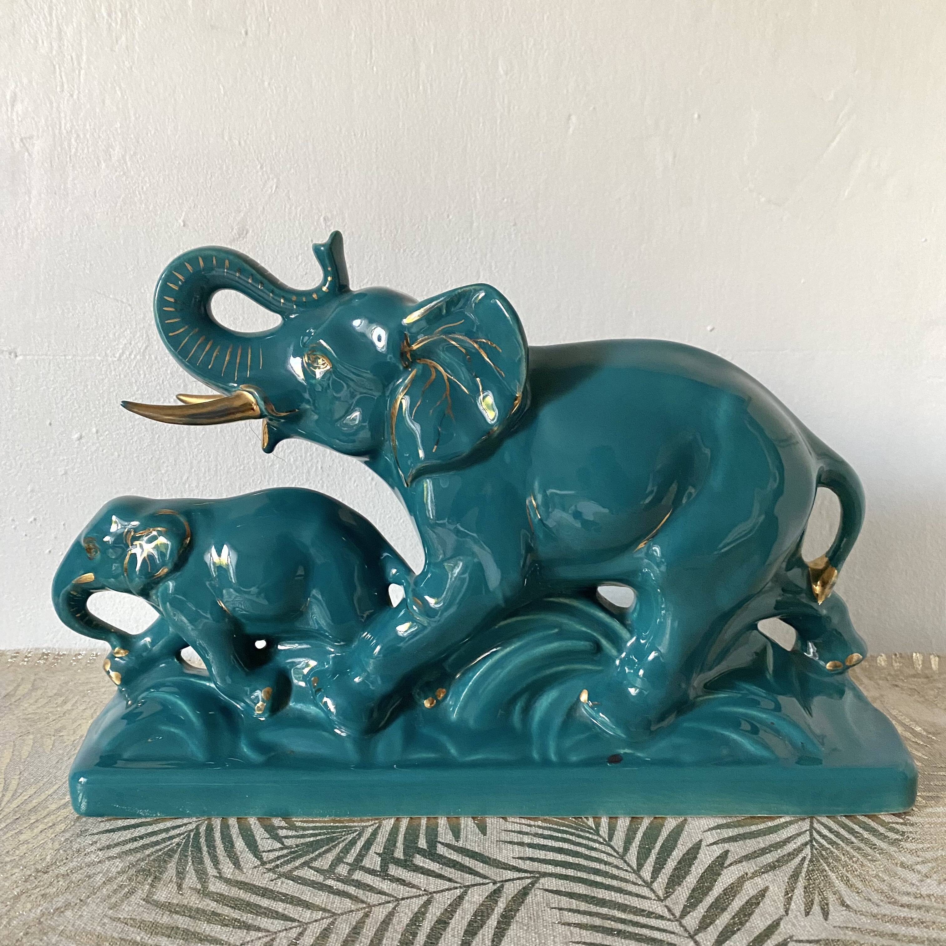 Turquoise and gold art deco ceramic elephants