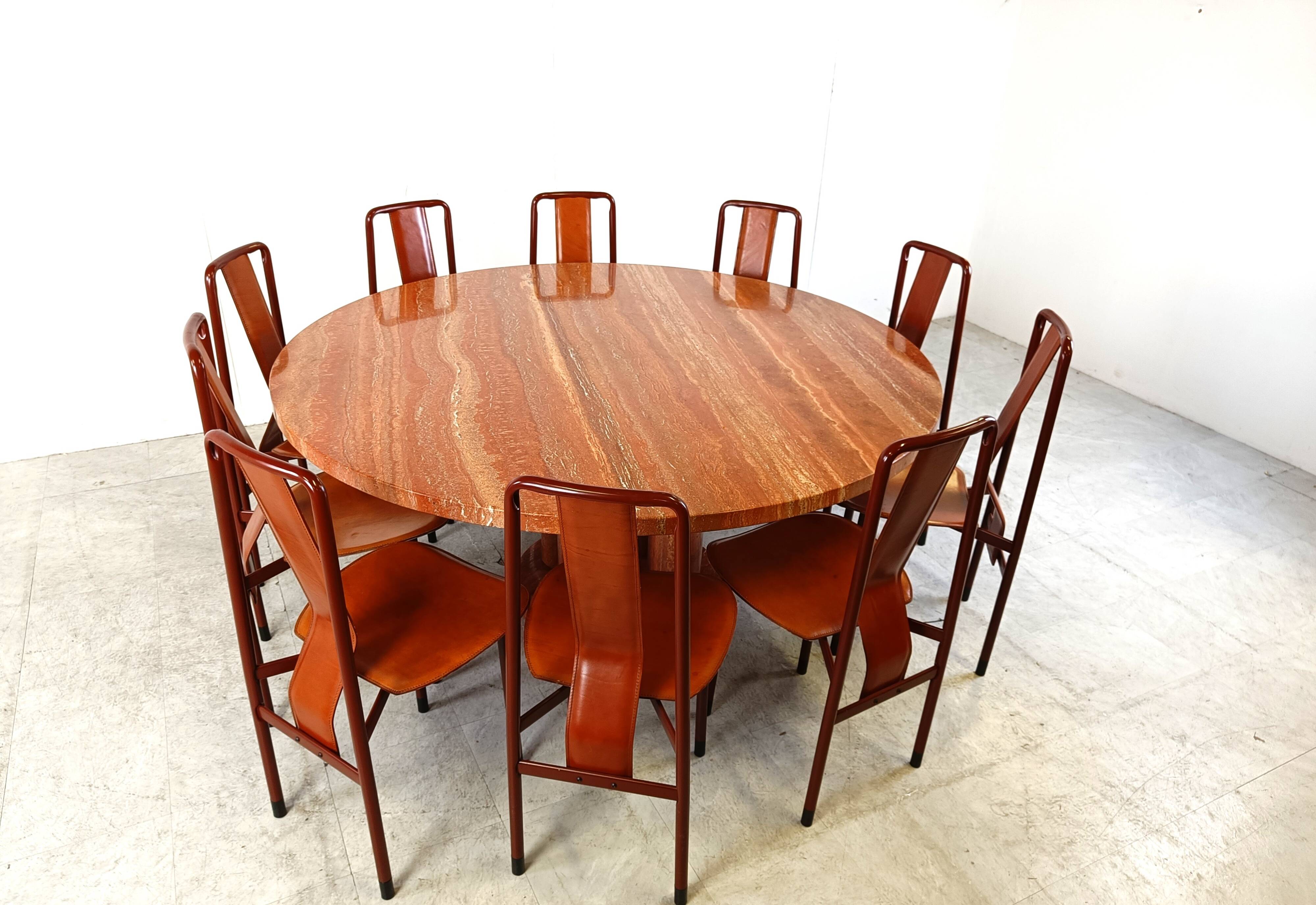 Large round red travertine dining table, 1970s