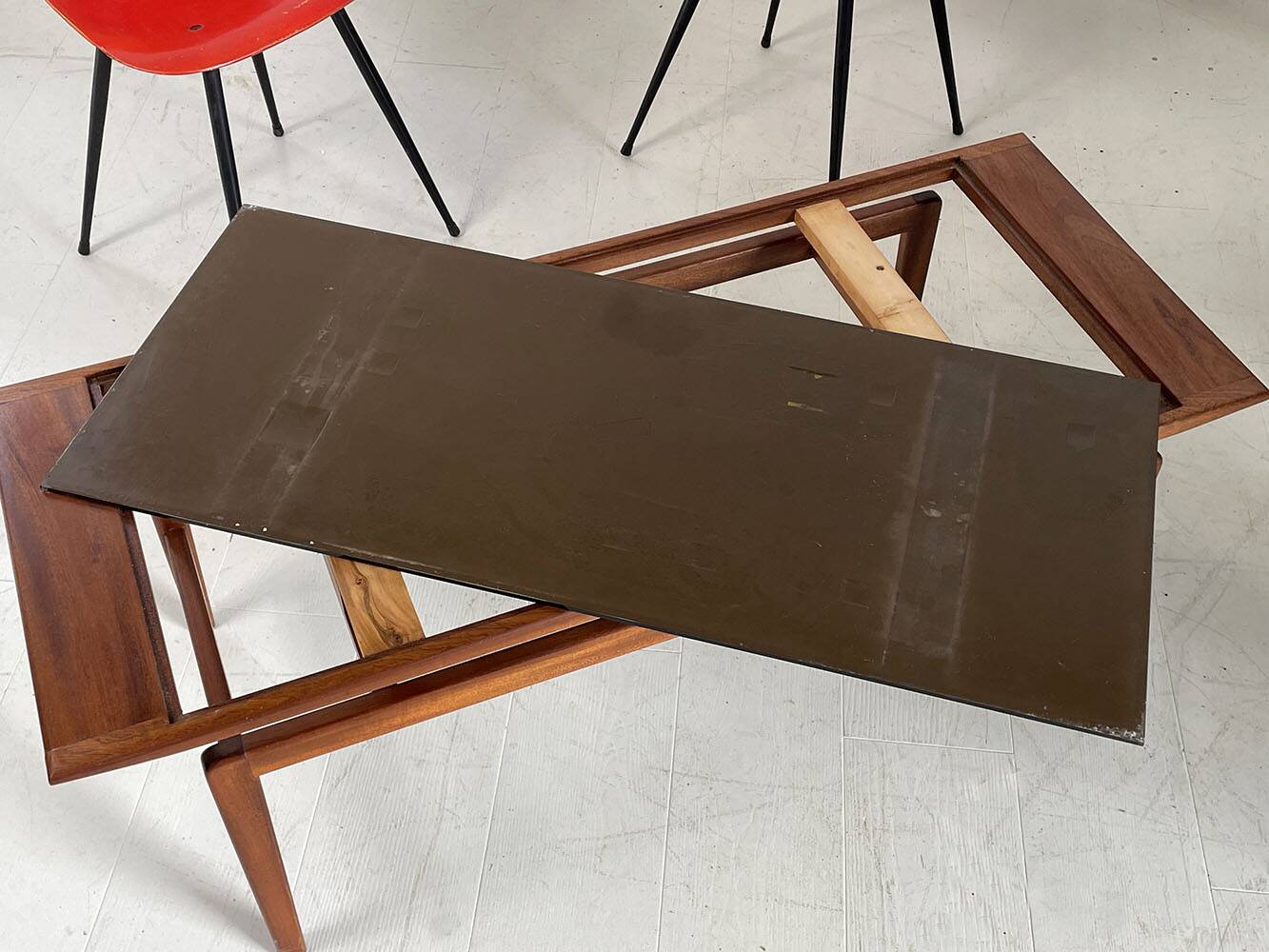 Teak and frosted glass coffee table, Italy 1960.