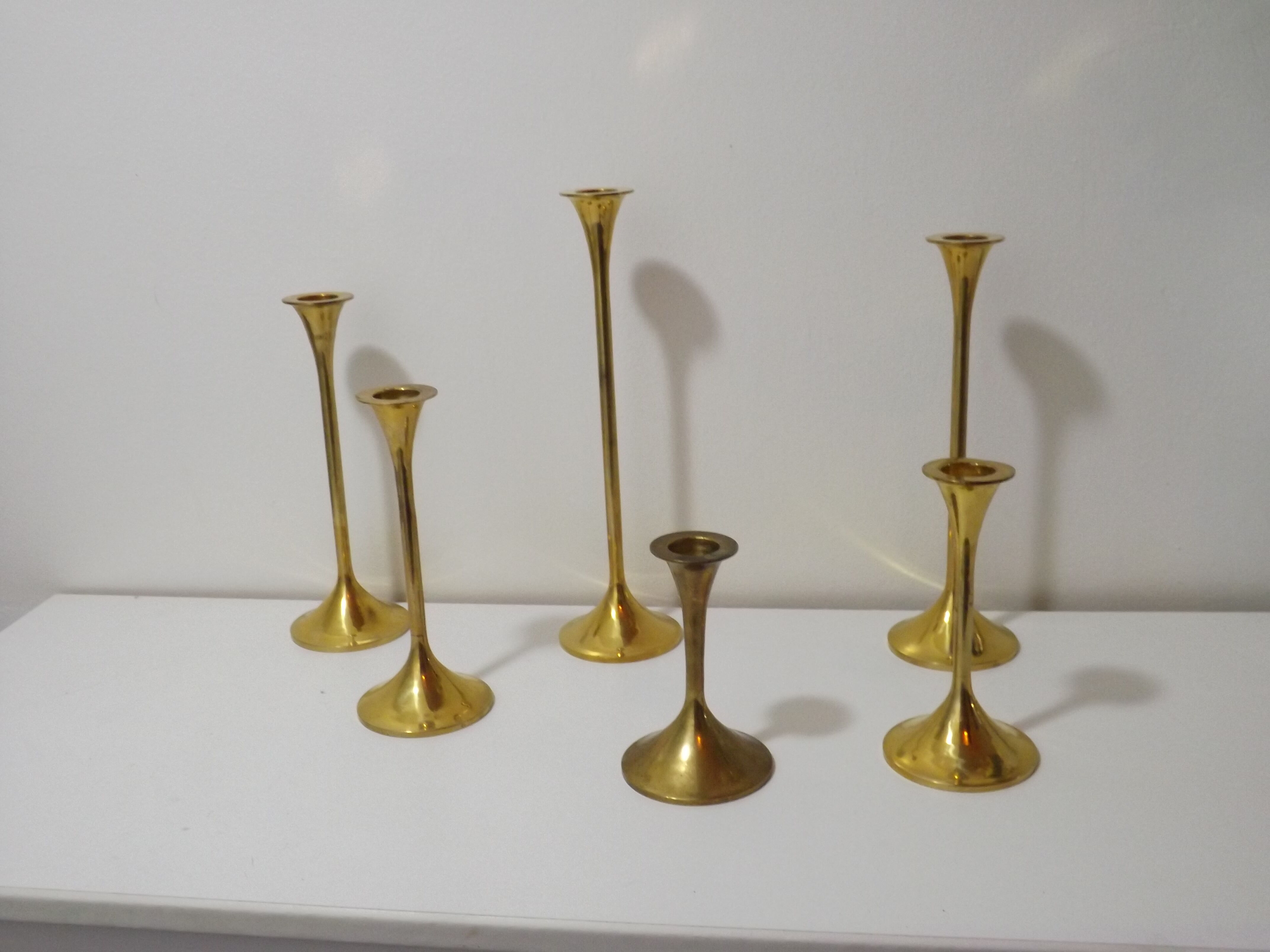 Set of 6 old brass and gold metal candlesticks