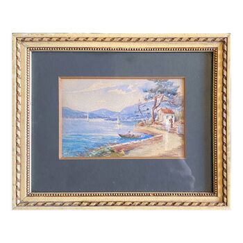 Painting "Mediterranean Seaside" Watercolor signed around 1920