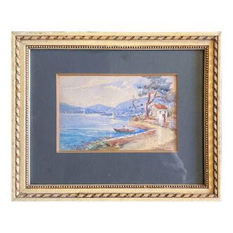 Painting "Mediterranean Seaside" Watercolor signed around 1920