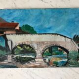 Oil painting on canvas landscape bridge and old river